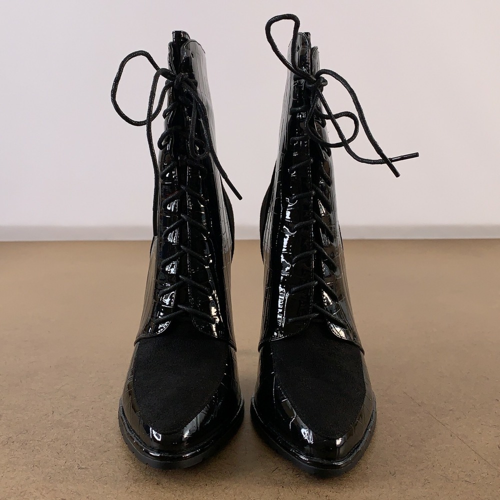 Shane Justin Women's Shoe Size 39 (US 8) Shiny Black Stiletto Lace Up Boots New - Picture 5 of 10